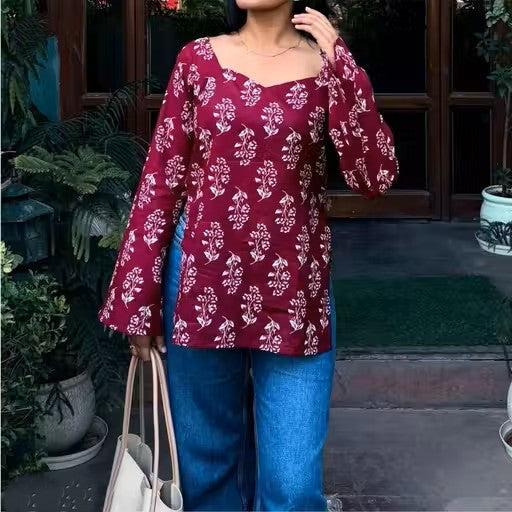 Women's Cotton Square Neck Full Sleeve Short Kurti Stylish Top for Office & Daily Use Casual Wearable