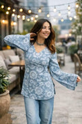 Stylish Sky Blue Floral Printed Bell Sleeve Kurti for Women | Casual & Party Wear Top