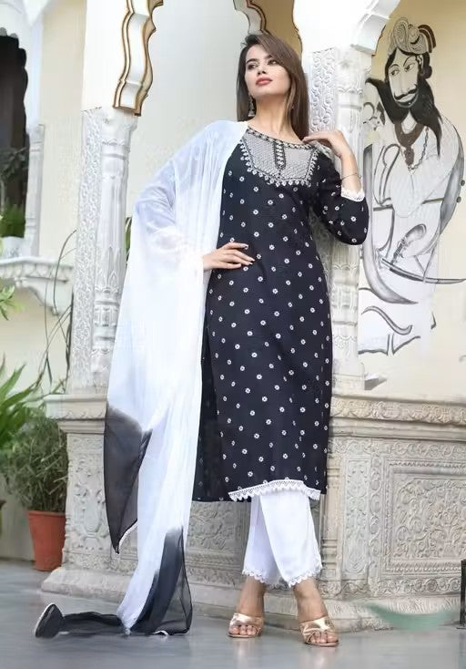Black Cotton Kurta Set with Dupatta