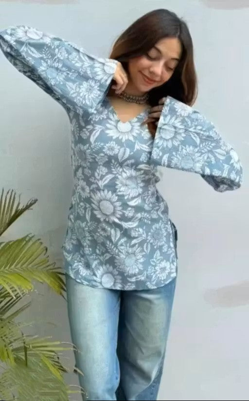 Stylish Sky Blue Floral Printed Bell Sleeve Kurti for Women | Casual & Party Wear Top
