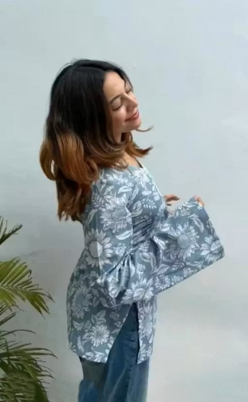 Stylish Sky Blue Floral Printed Bell Sleeve Kurti for Women | Casual & Party Wear Top