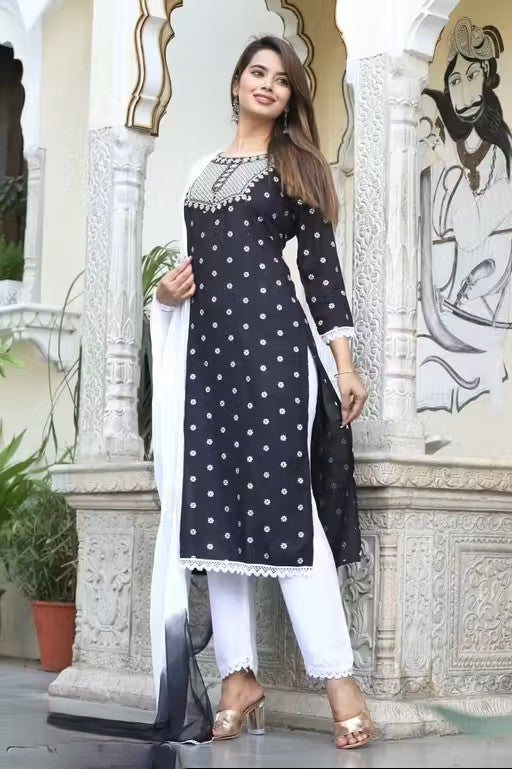 Black Cotton Kurta Set with Dupatta