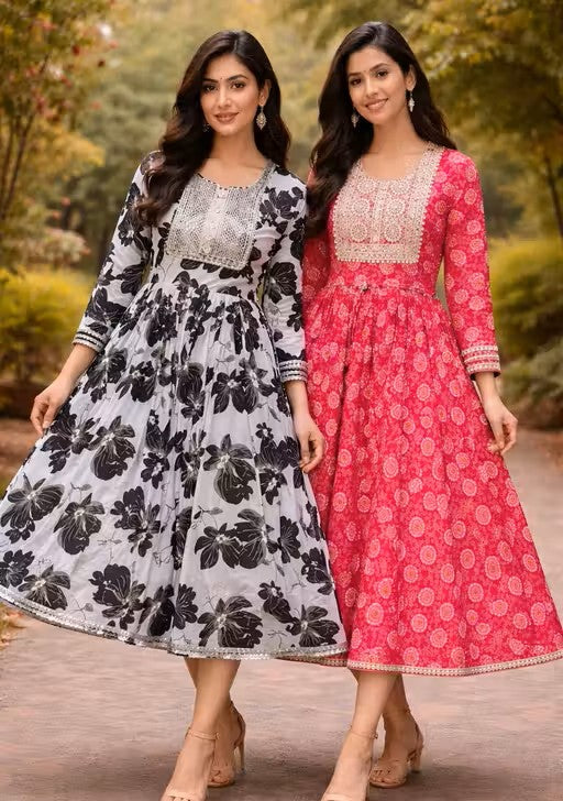 Stylish Women Pink & White Floral Printed Anarkali Kurti (Calf Length)