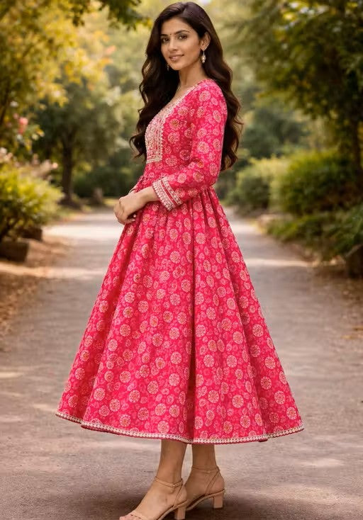 Stylish Women Pink & White Floral Printed Anarkali Kurti (Calf Length)