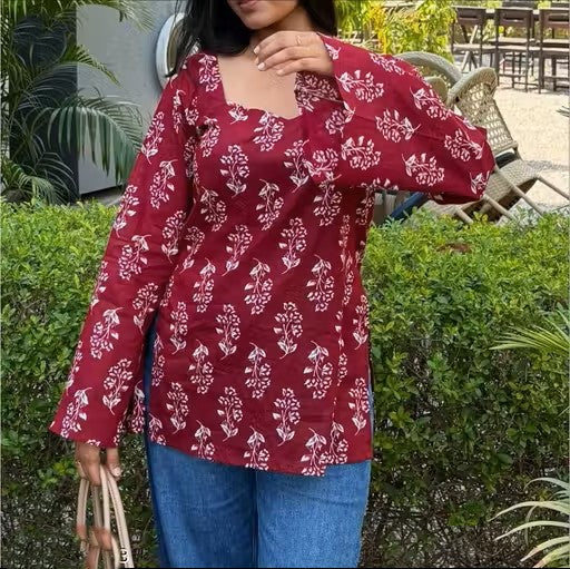 Women's Cotton Square Neck Full Sleeve Short Kurti Stylish Top for Office & Daily Use Casual Wearable