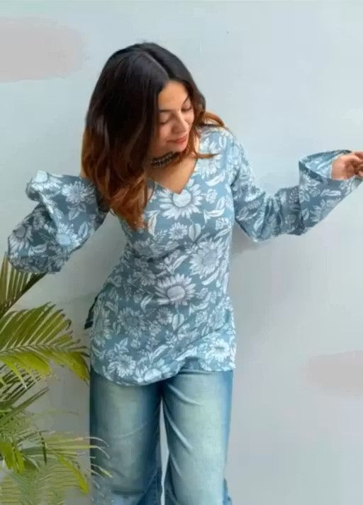Stylish Sky Blue Floral Printed Bell Sleeve Kurti for Women | Casual & Party Wear Top